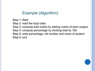 Example (Algorithm)
Step 1: Start
Step 2: read the input data
Step 3: compute total marks by adding marks of each subject
Step 4: compute percentage by dividing total by 100
Step 5: write percentage, roll number and name of student
Step 6: end
 