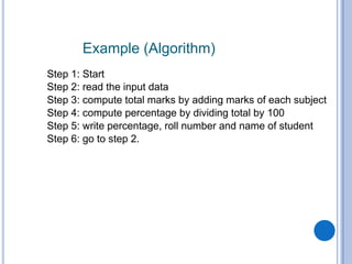 Example (Algorithm)
Step 1: Start
Step 2: read the input data
Step 3: compute total marks by adding marks of each subject
Step 4: compute percentage by dividing total by 100
Step 5: write percentage, roll number and name of student
Step 6: go to step 2.
 