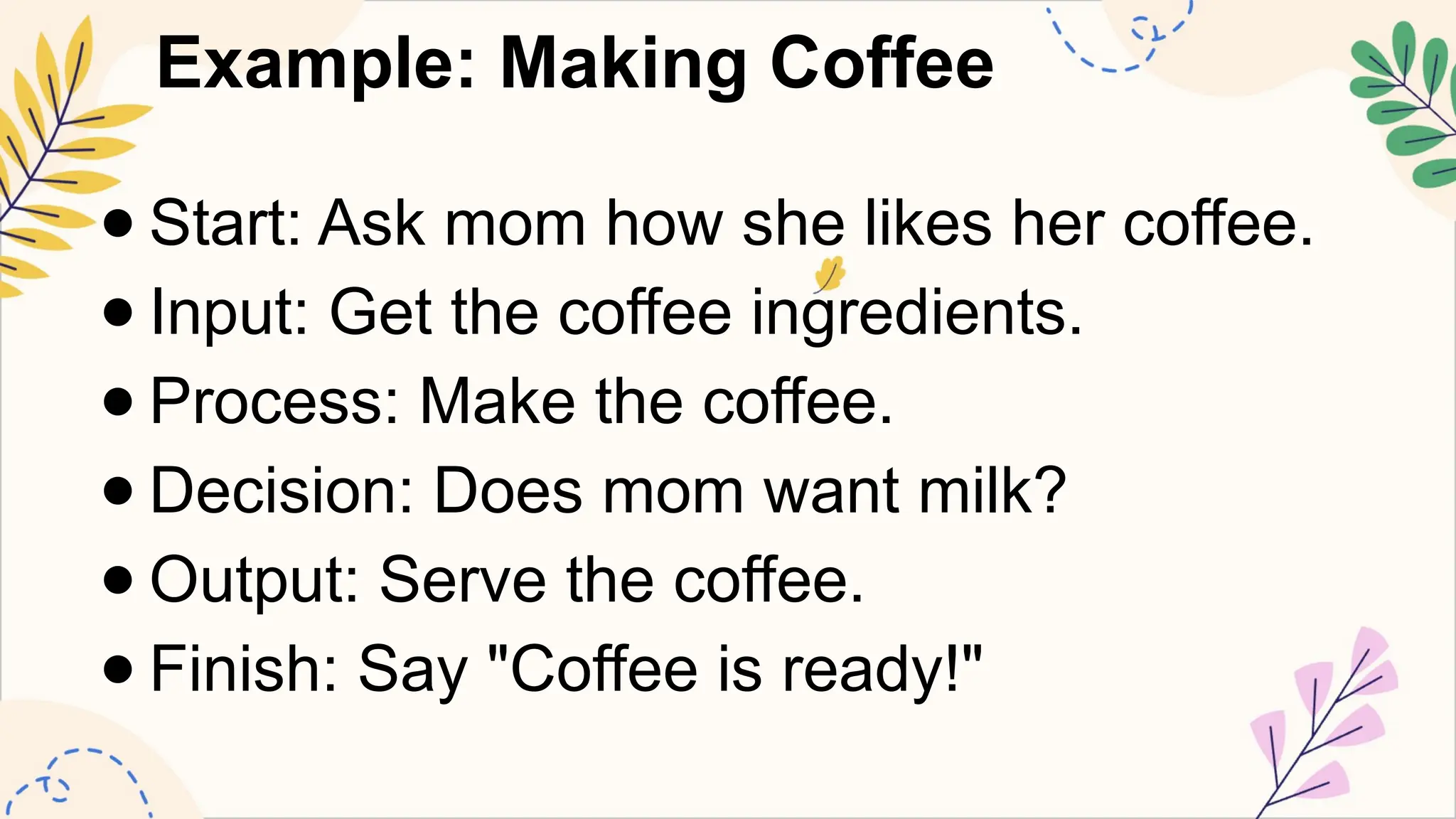 Example: Making Coffee
● Start: Ask mom how she likes her coffee.
● Input: Get the coffee ingredients.
● Process: Make the coffee.
● Decision: Does mom want milk?
● Output: Serve the coffee.
● Finish: Say "Coffee is ready!"
 