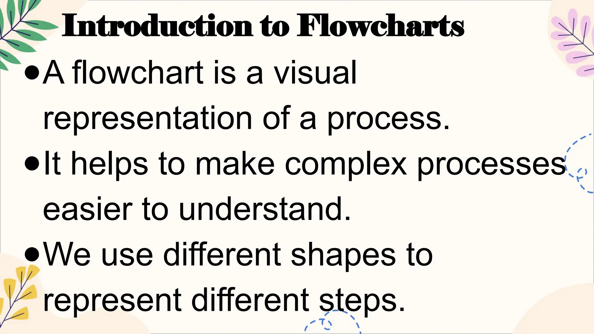Introduction to Flowcharts
●A flowchart is a visual
representation of a process.
●It helps to make complex processes
easier to understand.
●We use different shapes to
represent different steps.
 