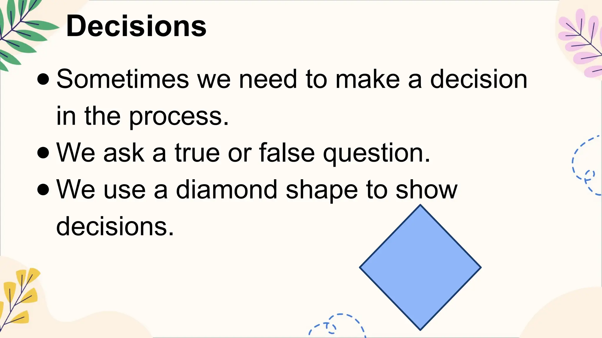 Decisions
● Sometimes we need to make a decision
in the process.
● We ask a true or false question.
● We use a diamond shape to show
decisions.
 