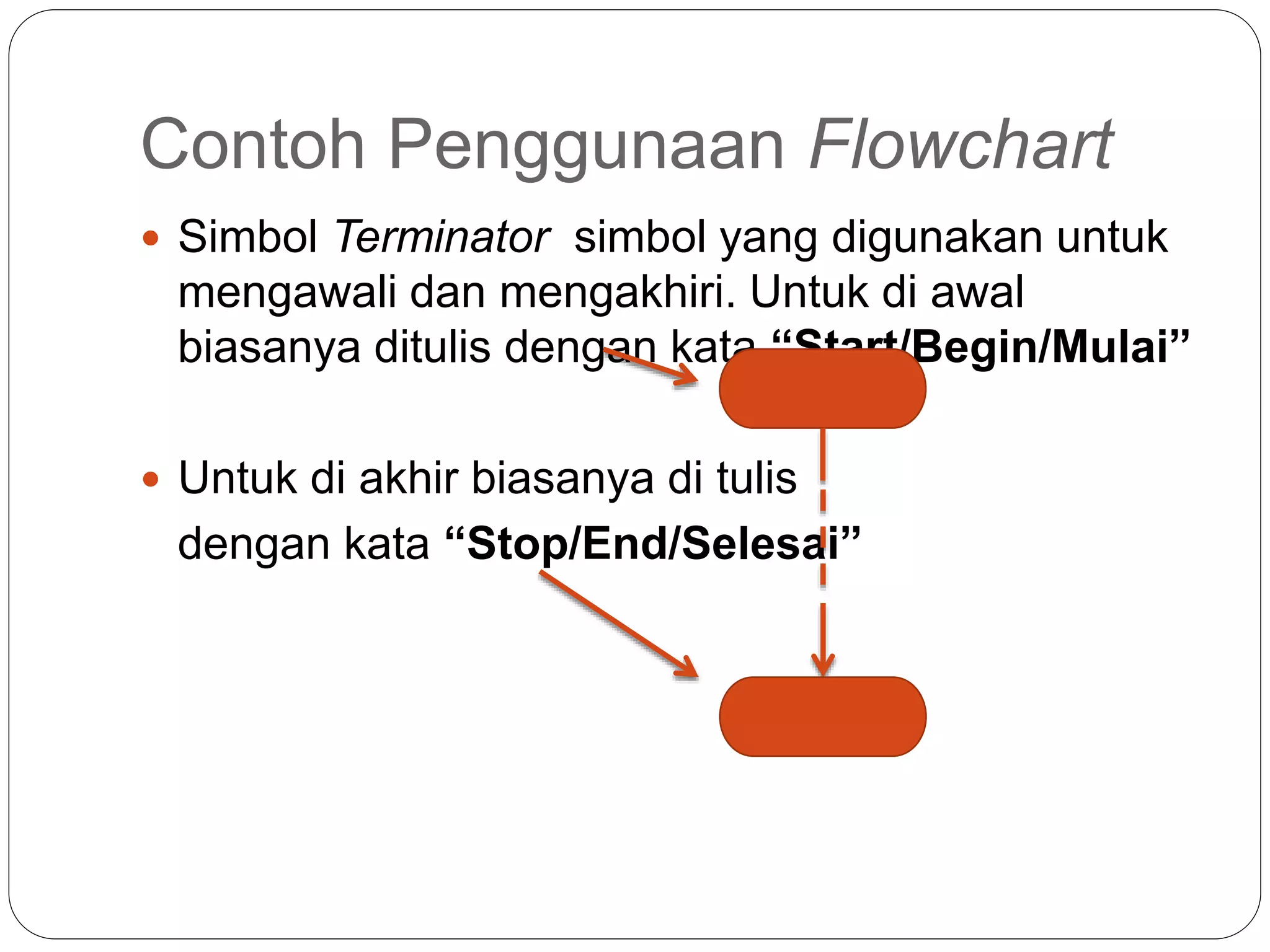 Contoh Penggunaan Flowchart
 Simbol Terminator simbol yang digunakan untuk
mengawali dan mengakhiri. Untuk di awal
biasanya ditulis dengan kata “Start/Begin/Mulai”
 Untuk di akhir biasanya di tulis
dengan kata “Stop/End/Selesai”
 