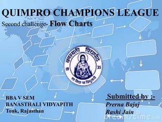 QUIMPRO CHAMPIONS LEAGUE
Second challenge- Flow Charts
BBA V SEM
BANASTHALI VIDYAPITH
Tonk, Rajasthan
Submitted by :-
Prerna Bajaj
Rashi Jain
 