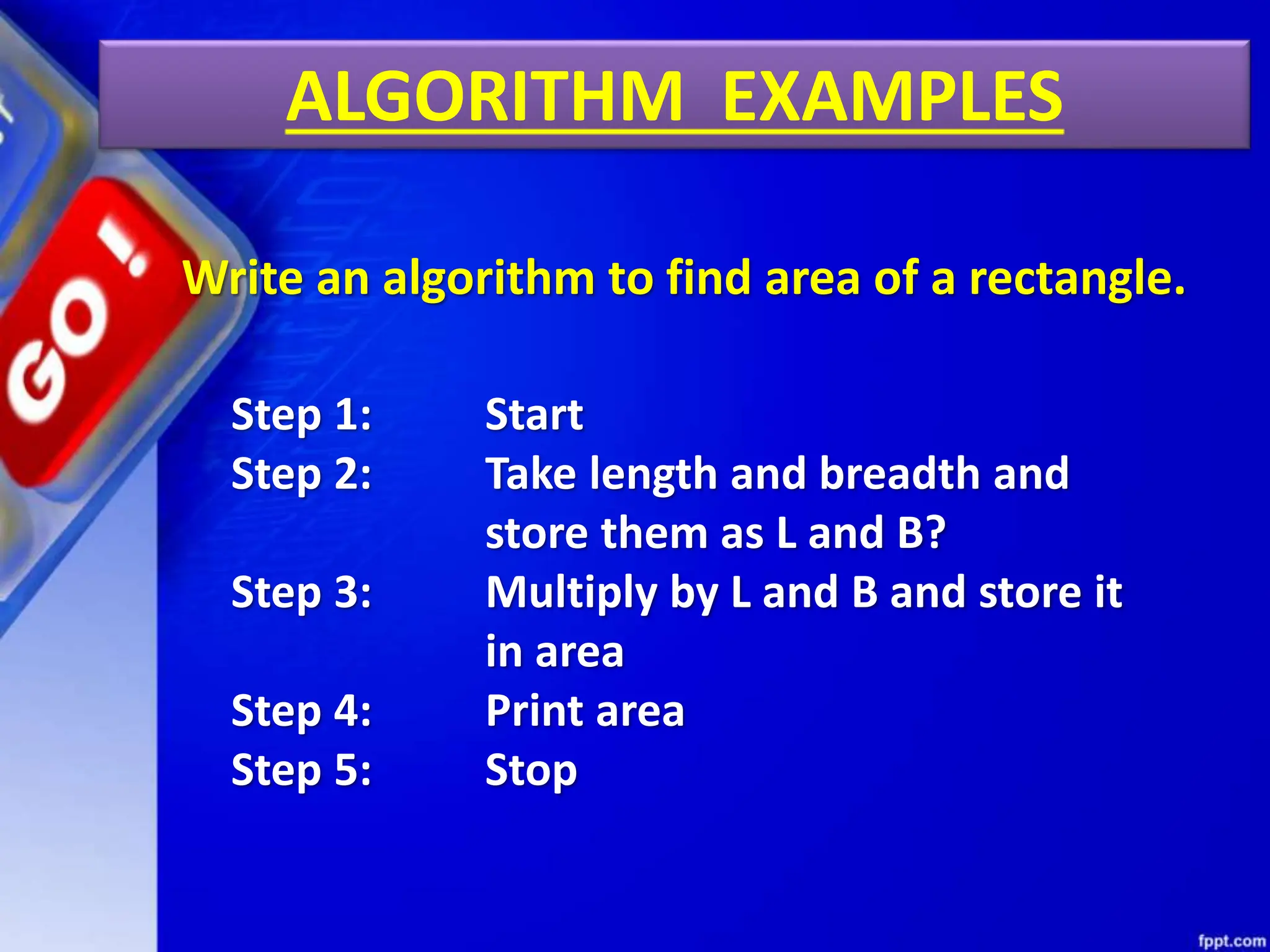 ALGORITHM EXAMPLES
Write an algorithm to find area of a rectangle.
Step 1: Start
Step 2: Take length and breadth and
store them as L and B?
Step 3: Multiply by L and B and store it
in area
Step 4: Print area
Step 5: Stop
 