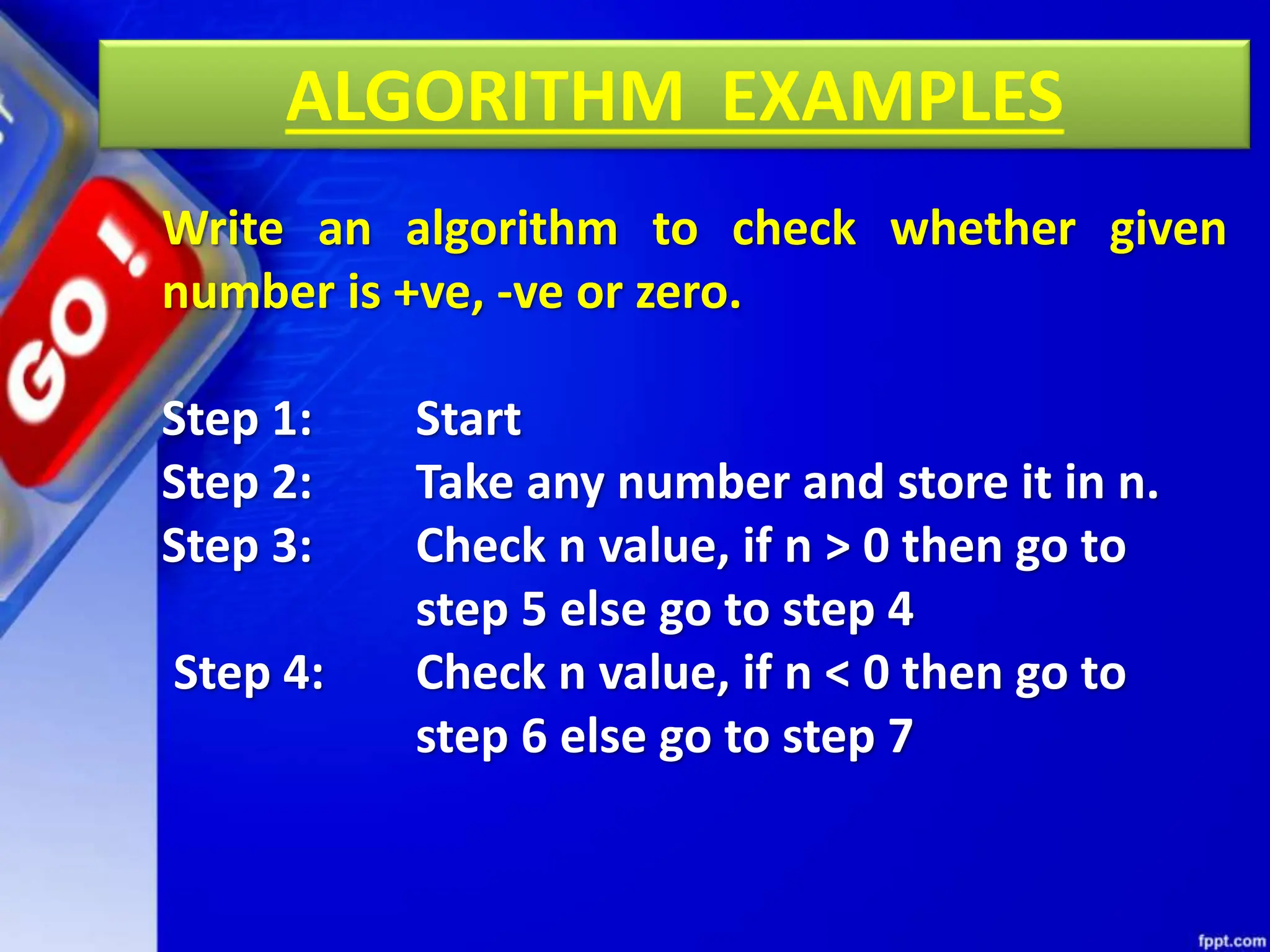 ALGORITHM EXAMPLES
Write an algorithm to check whether given
number is +ve, -ve or zero.
Step 1: Start
Step 2: Take any number and store it in n.
Step 3: Check n value, if n > 0 then go to
step 5 else go to step 4
Step 4: Check n value, if n < 0 then go to
step 6 else go to step 7
 