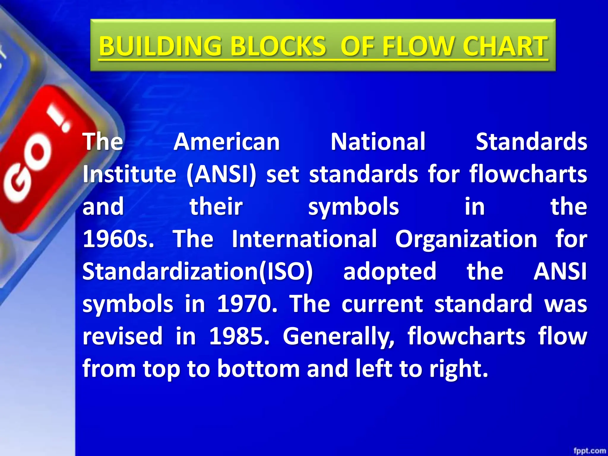 The American National Standards
Institute (ANSI) set standards for flowcharts
and their symbols in the
1960s. The International Organization for
Standardization(ISO) adopted the ANSI
symbols in 1970. The current standard was
revised in 1985. Generally, flowcharts flow
from top to bottom and left to right.
BUILDING BLOCKS OF FLOW CHART
 
