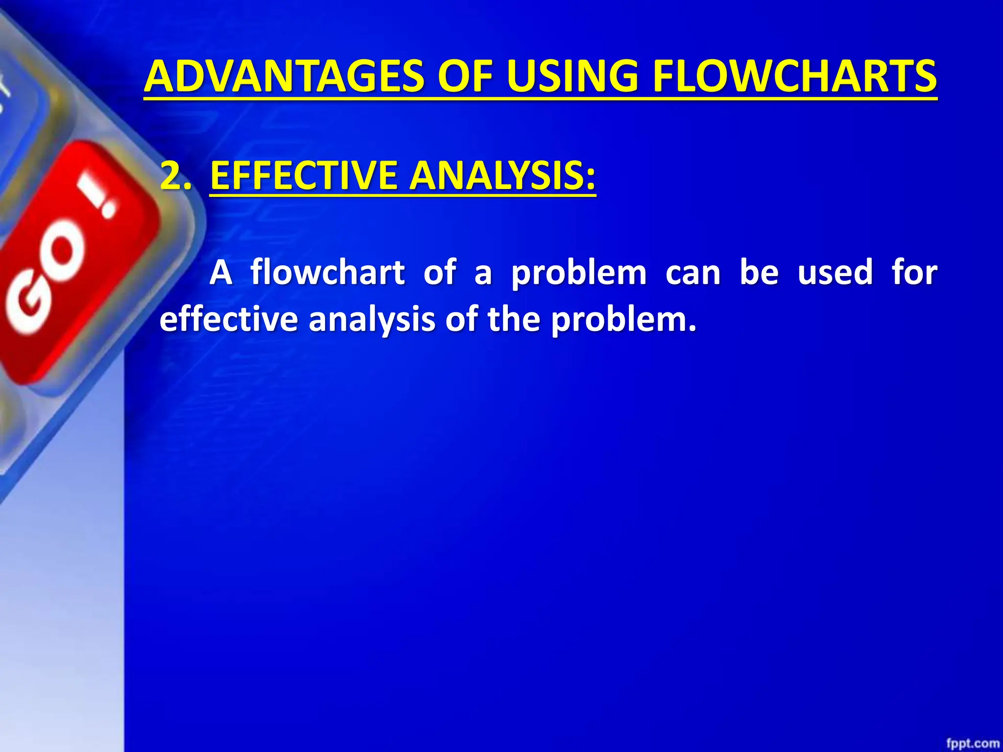 ADVANTAGES OF USING FLOWCHARTS
2. EFFECTIVE ANALYSIS:
A flowchart of a problem can be used for
effective analysis of the problem.
 