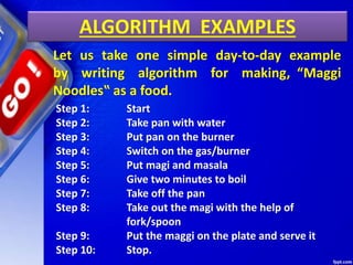 ALGORITHM EXAMPLES
Let us take one simple day-to-day example
by writing algorithm for making, “Maggi
Noodles‟ as a food.
Step 1: Start
Step 2: Take pan with water
Step 3: Put pan on the burner
Step 4: Switch on the gas/burner
Step 5: Put magi and masala
Step 6: Give two minutes to boil
Step 7: Take off the pan
Step 8: Take out the magi with the help of
fork/spoon
Step 9: Put the maggi on the plate and serve it
Step 10: Stop.
 