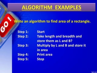 ALGORITHM EXAMPLES
Write an algorithm to find area of a rectangle.
Step 1: Start
Step 2: Take length and breadth and
store them as L and B?
Step 3: Multiply by L and B and store it
in area
Step 4: Print area
Step 5: Stop
 