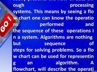 sually presents the flow of data thr
ough processing
systems. This means by seeing a flo
w chart one can know the operatio
ns performed and
the sequence of these operations i
n a system. Algorithms are nothing
but sequence of
steps for solving problems. So a flo
w chart can be used for representin
g an algorithm. A
flowchart, will describe the operati
 