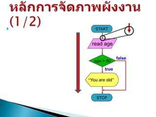       START


     read age

                    false
      age > 60
            true

    “You are old”



        STOP
 
