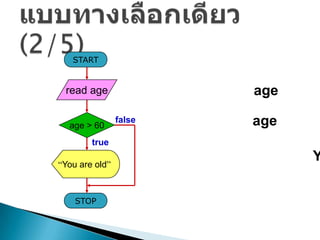 START


 read age               age

  age > 60
                false   age
        true

“You are old”
                              Y


    STOP
 