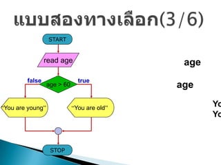 START


                read age                      age
        false                  true
                  age > 60                   age

“You are young”              “You are old”
                                                    Yo
                                                    Yo



                   STOP
 