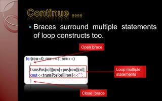    Braces surround multiple statements
    of loop constructs too.
                 Open brace




                               Loop multiple
                               statements



                 Close brace
 