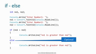 int no1, no2;
Console.Write("Enter Number1: ");
no1 = Convert.ToInt32(Console.ReadLine());
Console.Write("Enter Number2: ");
no2 = Convert.ToInt32(Console.ReadLine());
if (no1 > no2)
{
Console.WriteLine("no1 is greater than no2");
}
else
{
Console.WriteLine("no2 is greater than no1");
}
if - else
Optional
www.dotnetvideotutorial.com
 