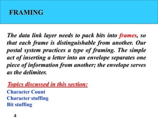 4
FRAMING
The data link layer needs to pack bits into frames, so
that each frame is distinguishable from another. Our
postal system practices a type of framing. The simple
act of inserting a letter into an envelope separates one
piece of information from another; the envelope serves
as the delimiter.
Character Count
Character stuffing
Bit stuffing
Topics discussed in this section:
 