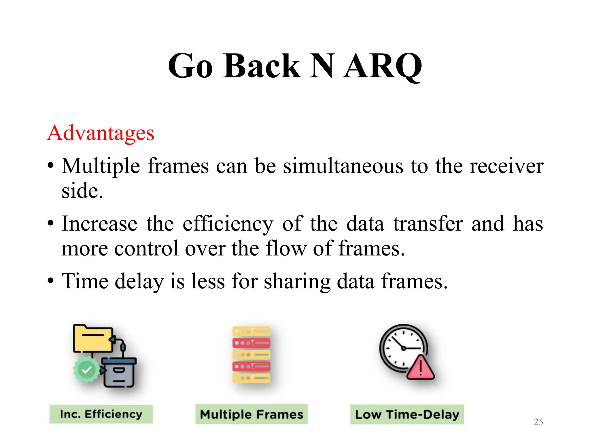 Go Back N ARQ
Advantages
• Multiple frames can be simultaneous to the receiver
side.
• Increase the efficiency of the data transfer and has
more control over the flow of frames.
• Time delay is less for sharing data frames.
25
 