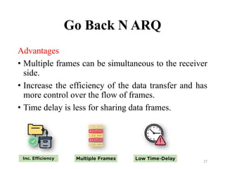 Go Back N ARQ
Advantages
• Multiple frames can be simultaneous to the receiver
side.
• Increase the efficiency of the data transfer and has
more control over the flow of frames.
• Time delay is less for sharing data frames.
25
 