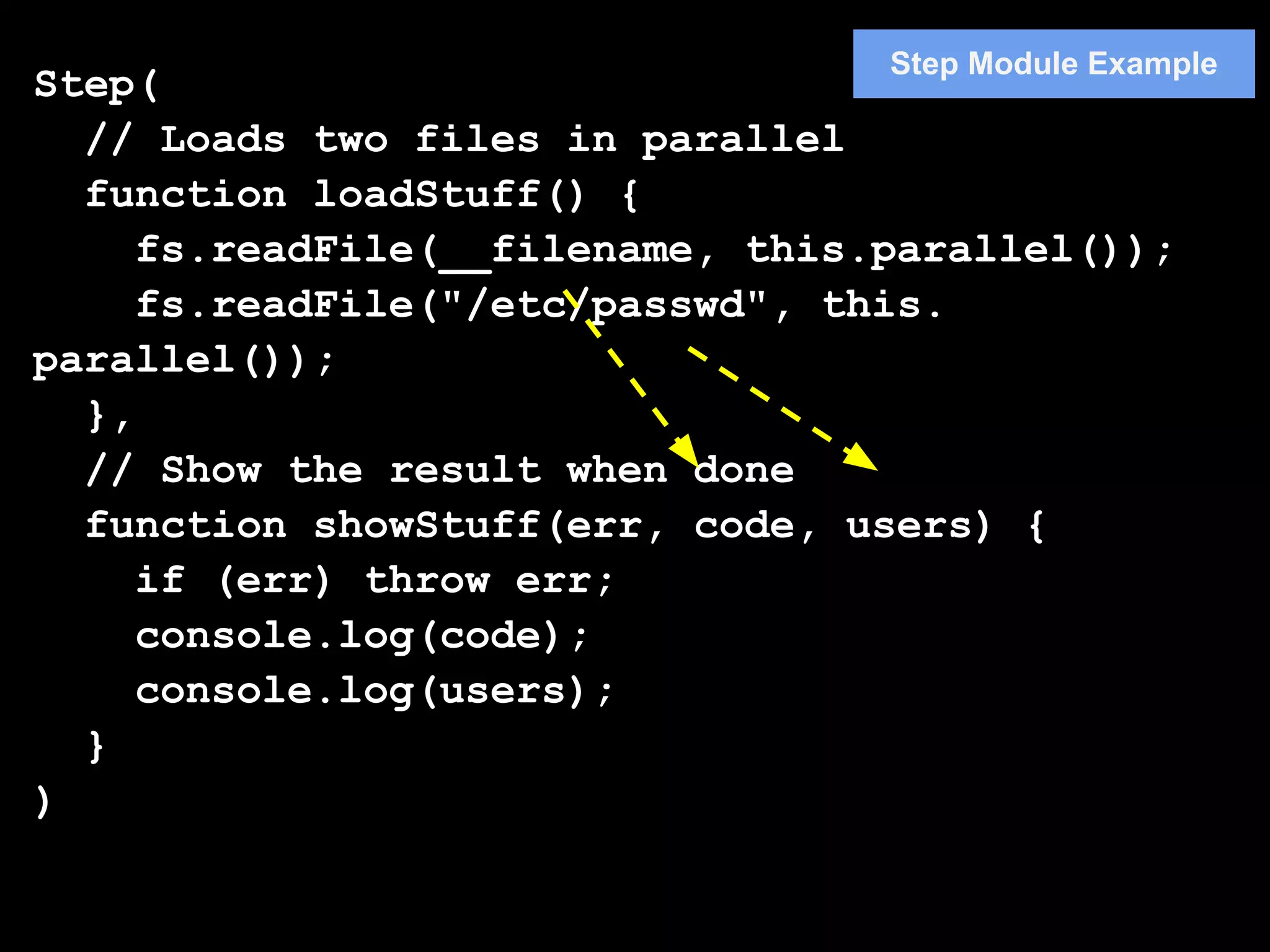 Step Module Example
Step(
  // Loads two files in parallel
  function loadStuff() {
     fs.readFile(__filename, this.parallel());
     fs.readFile("/etc/passwd", this.
parallel());
  },
  // Show the result when done
  function showStuff(err, code, users) {
     if (err) throw err;
     console.log(code);
     console.log(users);
  }
)
 