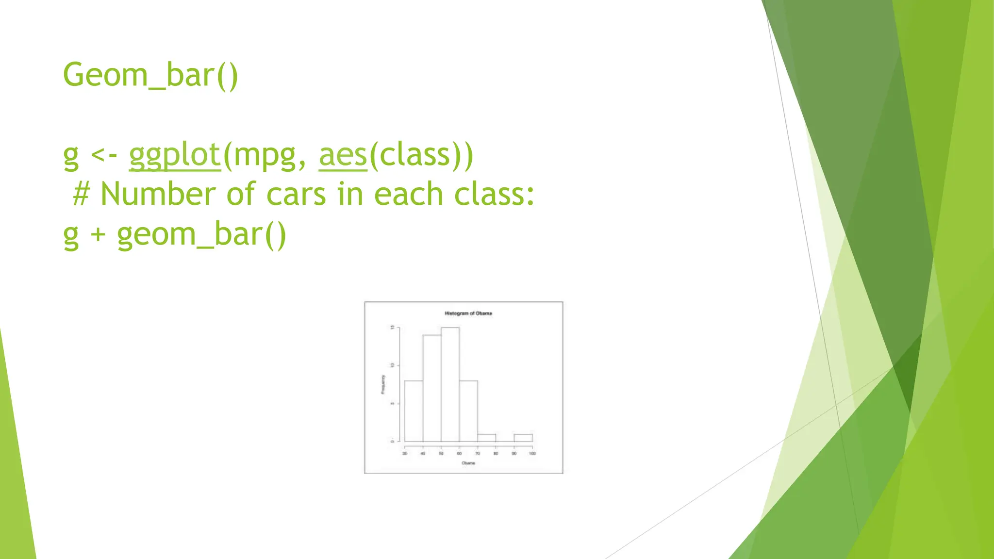 Geom_bar()
g <- ggplot(mpg, aes(class))
# Number of cars in each class:
g + geom_bar()
 
