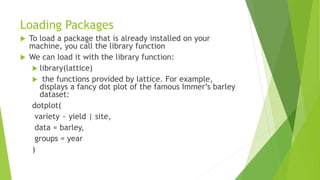 Loading Packages
 To load a package that is already installed on your
machine, you call the library function
 We can load it with the library function:
 library(lattice)
 the functions provided by lattice. For example,
displays a fancy dot plot of the famous Immer’s barley
dataset:
dotplot(
variety ~ yield | site,
data = barley,
groups = year
)
 