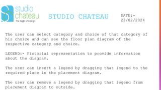 STUDIO CHATEAU DATE:-
23/02/2024
The user can select category and choice of that category of
his choice and can see the floor plan diagram of the
respective category and choice.
LEGEND:- Pictorial representation to provide information
about the diagram.
The user can insert a legend by dragging that legend to the
required place in the placement diagram.
The user can remove a legend by dragging that legend from
placement diagram to outside.
 