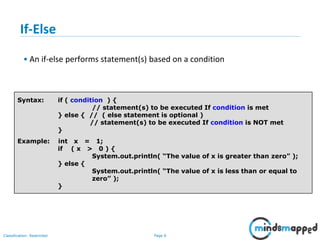 Page 6Classification: Restricted
If-Else
• An if-else performs statement(s) based on a condition
Syntax: if ( condition ) {
// statement(s) to be executed If condition is met
} else { // ( else statement is optional )
// statement(s) to be executed If condition is NOT met
}
Example: int x = 1;
if ( x > 0 ) {
System.out.println( “The value of x is greater than zero” );
} else {
System.out.println( “The value of x is less than or equal to
zero” );
}
 