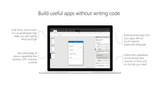 Build useful apps without writing code
Craft forms and screens
in a visual designer that
helps you see exactly
what you’ll get
Take advantage of
device capabilities like
cameras, GPS, and pen
controls
Extend the capabilities
of connected data
sources, or focus just
on the bits you need
Build business logic into
your apps with an
Excel-inspired
expression language
 