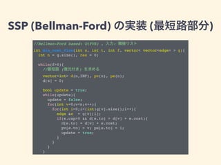 SSP (Bellman-Ford) の実装 (最短路部分)
//Bellman-Ford based: O(FVE) , 入力: 隣接リスト
int min_cost_flow(int s, int t, int f, vector< vec...