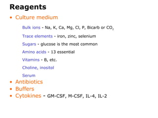Reagents Culture m edium   Bulk ions  - Na, K, Ca, Mg, Cl, P, Bicarb or CO 2 Trace elements  - iron, zinc, selenium S ugars  - glucose is the most common A mino acids  - 13 essential V itamins  - B, etc. C holine, inositol S erum Antibiotics Buffers Cytokines   -   GM-CSF, M-CSF, IL-4, IL-2 