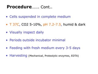 Cells suspended in complete medium T 37C ,  CO2 5-10%,   pH 7.2-7.5 ,  humid & dark Visually inspect daily Periods outside incubator minimal Feeding  with fresh medium   every 3 - 5 days  Harvesting  ( Mechanical ,  Proteolytic enzymes ,  EDTA )  Procedure ……. Cont.. 