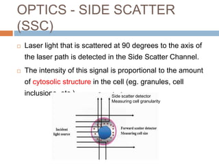 OPTICS - SIDE SCATTER
(SSC)
 Laser light that is scattered at 90 degrees to the axis of
the laser path is detected in the Side Scatter Channel.
 The intensity of this signal is proportional to the amount
of cytosolic structure in the cell (eg. granules, cell
inclusions, etc.) Side scatter detector
Measuring cell granularity
 