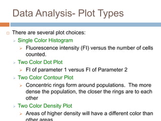 Data Analysis- Plot Types
 There are several plot choices:
 Single Color Histogram
 Fluorescence intensity (FI) versus the number of cells
counted.
 Two Color Dot Plot
 FI of parameter 1 versus FI of Parameter 2
 Two Color Contour Plot
 Concentric rings form around populations. The more
dense the population, the closer the rings are to each
other
 Two Color Density Plot
 Areas of higher density will have a different color than
 
