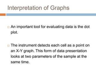 Interpretation of Graphs
 An important tool for evaluating data is the dot
plot.
 The instrument detects each cell as a point on
an X-Y graph. This form of data presentation
looks at two parameters of the sample at the
same time.
 