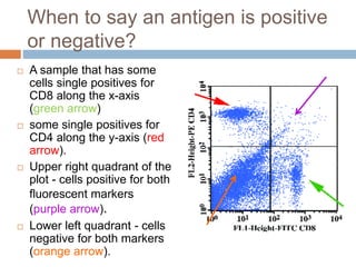 When to say an antigen is positive
or negative?
 A sample that has some
cells single positives for
CD8 along the x-axis
(green arrow)
 some single positives for
CD4 along the y-axis (red
arrow).
 Upper right quadrant of the
plot - cells positive for both
fluorescent markers
(purple arrow).
 Lower left quadrant - cells
negative for both markers
(orange arrow).
 