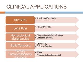 CLINICAL APPLICATIONS
• Absolute CD4 counts
HIV/AIDS
• HLA B27 assay
Joint Pain
• Diagnosis and Classification
• Detection of MRD
Hematological
Malignancies
• DNA Ploidy
• S Phase fraction
Solid Tumours
• TBNK
• Phagocytic function defect
Primary
Immunodeficiency
disorders
 