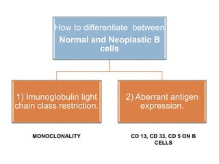 How to differentiate between
Normal and Neoplastic B
cells
1) Imunoglobulin light
chain class restriction.
2) Aberrant antigen
expression.
MONOCLONALITY CD 13, CD 33, CD 5 ON B
CELLS
 