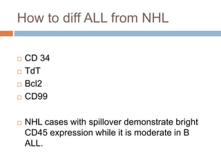 How to diff ALL from NHL
 CD 34
 TdT
 Bcl2
 CD99
 NHL cases with spillover demonstrate bright
CD45 expression while it is moderate in B
ALL.
 