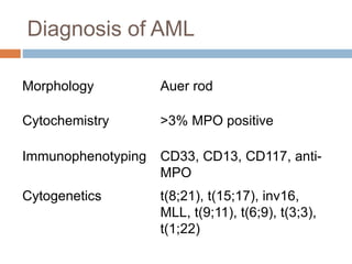 Diagnosis of AML
Morphology Auer rod
Cytochemistry >3% MPO positive
Immunophenotyping CD33, CD13, CD117, anti-
MPO
Cytogenetics t(8;21), t(15;17), inv16,
MLL, t(9;11), t(6;9), t(3;3),
t(1;22)
 