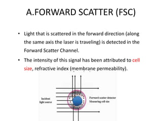 A.FORWARD SCATTER (FSC)
• Light that is scattered in the forward direction (along
the same axis the laser is traveling) is detected in the
Forward Scatter Channel.
• The intensity of this signal has been attributed to cell
size, refractive index (membrane permeability).
 