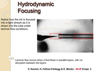 Hydrodynamic
Focusing
V. Kachel, H. Fellner-Feldegg & E. Menke - MLM Chapt. 3
Notice how the ink is focused
into a tight stream as it is
drawn into the tube under
laminar flow conditions.
PBS/Sheath
Sample/cells/core
Laminar flow
Hydrodynamic
Focusing
Laminar flow occurs when a fluid flows in parallel layers, with no
disruption between the layers
 