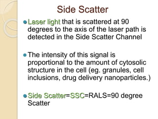 Side Scatter
Laser light that is scattered at 90
degrees to the axis of the laser path is
detected in the Side Scatter Channel
The intensity of this signal is
proportional to the amount of cytosolic
structure in the cell (eg. granules, cell
inclusions, drug delivery nanoparticles.)
Side Scatter=SSC=RALS=90 degree
Scatter
 