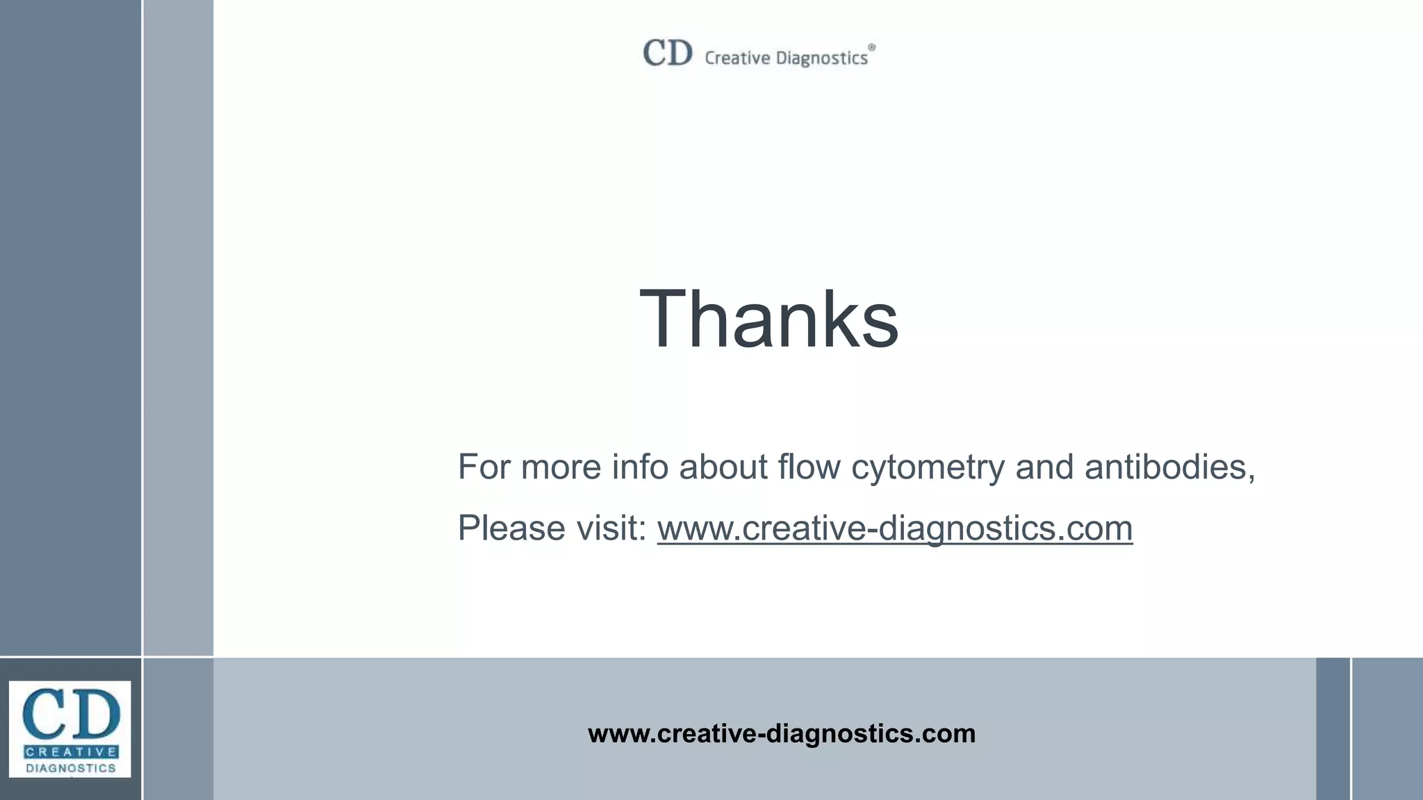 Thanks
For more info about flow cytometry and antibodies,
Please visit: www.creative-diagnostics.com
www.creative-diagnostics.com
 