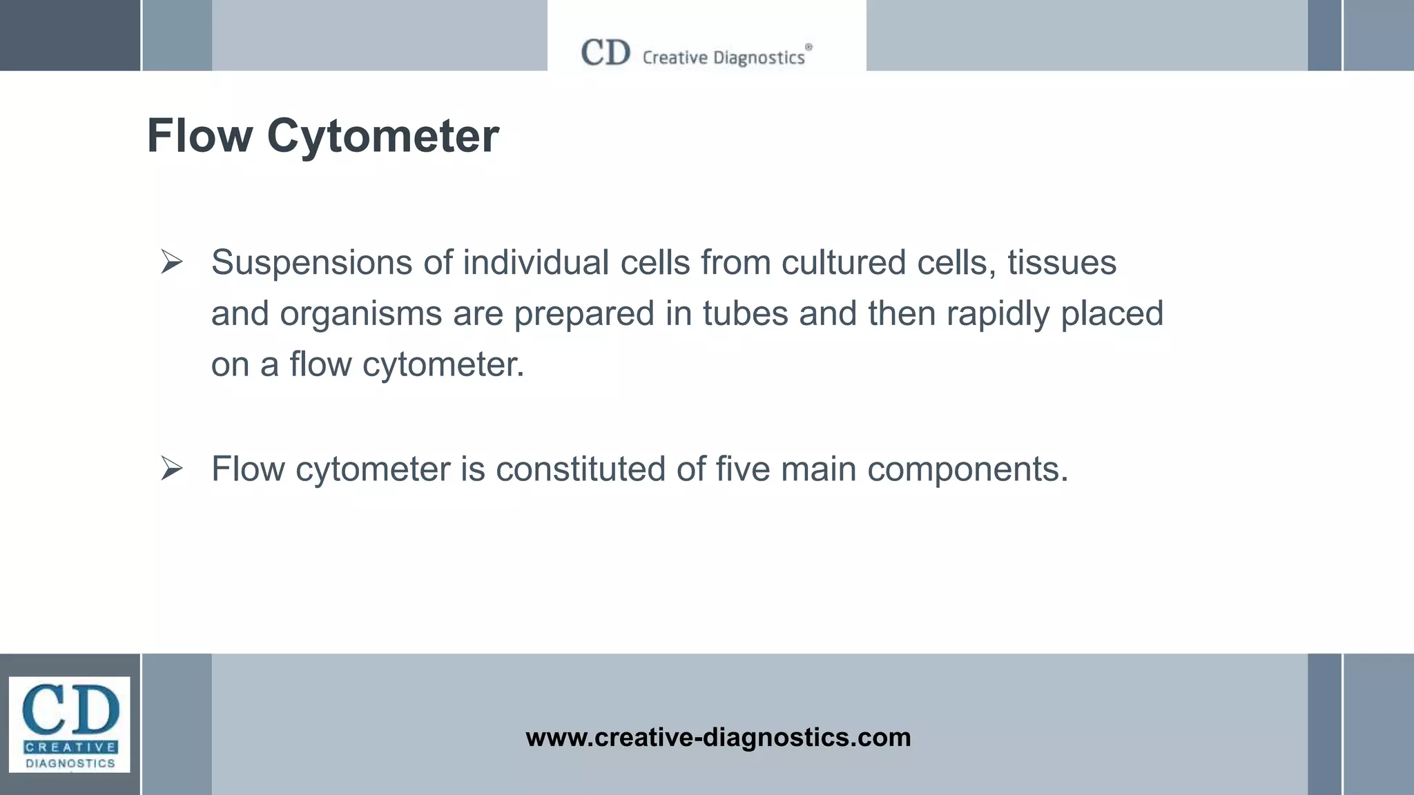 Flow Cytometer
 Suspensions of individual cells from cultured cells, tissues
and organisms are prepared in tubes and then rapidly placed
on a flow cytometer.
 Flow cytometer is constituted of five main components.
www.creative-diagnostics.com
 