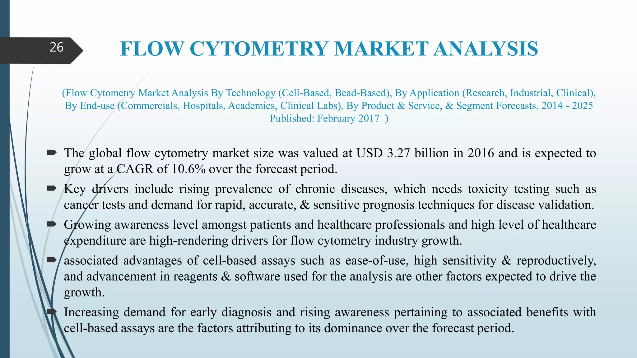 FLOW CYTOMETRY MARKET ANALYSIS
(Flow Cytometry Market Analysis By Technology (Cell-Based, Bead-Based), By Application (Research, Industrial, Clinical),
By End-use (Commercials, Hospitals, Academics, Clinical Labs), By Product & Service, & Segment Forecasts, 2014 - 2025
Published: February 2017 )
 The global flow cytometry market size was valued at USD 3.27 billion in 2016 and is expected to
grow at a CAGR of 10.6% over the forecast period.
 Key drivers include rising prevalence of chronic diseases, which needs toxicity testing such as
cancer tests and demand for rapid, accurate, & sensitive prognosis techniques for disease validation.
 Growing awareness level amongst patients and healthcare professionals and high level of healthcare
expenditure are high-rendering drivers for flow cytometry industry growth.
 associated advantages of cell-based assays such as ease-of-use, high sensitivity & reproductively,
and advancement in reagents & software used for the analysis are other factors expected to drive the
growth.
 Increasing demand for early diagnosis and rising awareness pertaining to associated benefits with
cell-based assays are the factors attributing to its dominance over the forecast period.
26
 