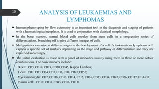ANALYSIS OF LEUKAEMIAS AND
LYMPHOMAS
 Immunophenotyping by flow cytometry is an important tool in the diagnosis and staging of patients
with a haematological neoplasm. It is used in conjunction with classical morphology.
 In the bone marrow, normal blood cells develop from stem cells in a progressive series of
differentiations, branching off to give different lineages of cells.
 Malignancies can arise at different stages in the development of a cell. A leukaemia or lymphoma will
express a specific set of markers depending on the stage and pathway of differentiation and they are
classified accordingly.
 The initial evaluation is made with a panel of antibodies usually using them in three or more colour
combinations. The basic markers include:
B cell: CD5, CD10, CD19, CD20, CD45, Kappa, Lambda;
T cell: CD2, CD3, CD4, CD5, CD7, CD8, CD45, CD56;
Myelomonocytic: CD7, CD11b, CD13, CD14, CD15, CD16, CD33, CD34, CD45, CD56, CD117, HLA-DR;
Plasma cell: CD19, CD38, CD45, CD56, CD138.
10
 