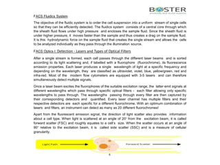 FACS Fluidics System
The objective of the fluidic system is to order the cell suspension into a uniform stream of single cells
so that they can be efficiently detected. The ﬂuidics system consists of a central core through which
the sheath fluid flows under high pressure and encloses the sample fluid. Since the sheath fluid is
under higher pressure, it moves faster than the sample and thus creates a drag on the sample fluid.
It is this hydrodynamic force on the sample fluid that creates the single stream and allows the cells
to be analyzed individually as they pass through the illumination source.
FACS Optics I: Detection - Lasers and Types of Optical Filters
After a single stream is formed, each cell passes through the different laser beams and is sorted
according to its light scattering and, if labelled with a fluorophore (fluorochrome), its fluorescence
emission properties. Each laser produces a single wavelength of light at a specific frequency and
depending on the wavelength, they are classified as ultraviolet, violet, blue, yellow/green, red and
infra-red. Most of the modern flow cytometers are equipped with 3-5 lasers and can therefore
simultaneously detect multiple signals.
Once a laser beam excites the fluorophores of the suitable excitation range, the latter emit signals at
different wavelengths which pass through specific optical filters - each filter allowing only specific
wavelengths to pass through. The wavelengths passing through every filter are then captured by
their corresponding detectors and quantified. Every laser channel has multiple filters and their
respective detectors are each specific for a different fluorochrome. With an optimum combination of
lasers and filters, an instrument can detect as many as 20 different fluorochromes!
Apart from the fluorescent emission signal, the direction of light scatter also provides information
about a cell type. When light is scattered at an angle of 20° from the excitation beam, it is called
forward scatter (FSC) and roughly equates to a cell’s size. When the scatter occurs at an angle of
90° relative to the excitation beam, it is called side scatter (SSC) and is a measure of cellular
granularity.
6
 