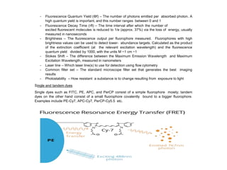 - Fluorescence Quantum Yield (Φf) – The number of photons emitted per absorbed photon. A
high quantum yield is important, and this number ranges between 0 and 1
- Fluorescence Decay Time (τfl) – The time interval after which the number of
excited fluorescent molecules is reduced to 1/e (approx. 37%) via the loss of energy, usually
measured in nanoseconds
- Brightness – The fluorescence output per fluorophore measured. Fluorophores with high
brightness values can be used to detect lower- abundance targets. Calculated as the product
of the extinction coefficient (at the relevant excitation wavelength) and the fluorescence
quantum yield divided by 1000, with the units M −1 cm −1
- Stokes Shift – The difference between the Maximum Emission Wavelength and Maximum
Excitation Wavelength, measured in nanometers
- Laser line – Which laser line(s) to use for detection using flow cytometry
- Common filter set – The standard microscope filter set that generates the best imaging
results
- Photostability – How resistant a substance is to change resulting from exposure to light
Single and tandem dyes
Single dyes such as FITC, PE, APC, and PerCP consist of a simple fluorophore moiety; tandem
dyes on the other hand consist of a small fluorophore covalently bound to a bigger fluorophore.
Examples include PE-Cy7, APC-Cy7, PerCP-Cy5.5 etc.
 