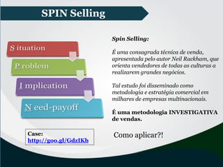 Como aplicar?!
Spin Selling:
É uma consagrada técnica de venda,
apresentada pelo autor Neil Rackham, que
orienta vendedores de todas as culturas a
realizarem grandes negócios.
Tal estudo foi disseminado como
metodologia e estratégia comercial em
milhares de empresas multinacionais.
É uma metodologia INVESTIGATIVA
de vendas.
Case:
http://goo.gl/GdzIKb
SPIN Selling
 