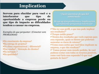 Servem para elucidar para você e o
interlocutor que tipo de
oportunidade a empresa perde ou
que tipo de impacto as dificuldades
tendem a causar na empresa.
Exemplos do que perguntar: (Conectar com
PROBLEMAS)
No crescimento da empresa?
Na entrega de projetos?
No clima organizacional / diferencial?
Nas vendas? / Retenção de clientes?
Na inovação ?
Na qualidade?
“Não ter esse perfil, o que isso pode implicar
nos resultados?”
“Porque médio prazo?“
“Dentro dos resultados que vocês esperam para
essa expansão, quais os fatores que poderiam
aumentar os riscos de retorno?”
“Como esses cortes que você falou implicam na
empresa, o que eles resultam?”
“ Vamos pensar num mundo perfeito. Se você
pudesse contar com todos os recursos possíveis,
como você faria essa expansão? O que você
gostaria de fazer?”
Fazer overview do que foi
conversado:
Wrap up dos problemas e implicações
(geralmente perguntas retóricas)
Implication
 